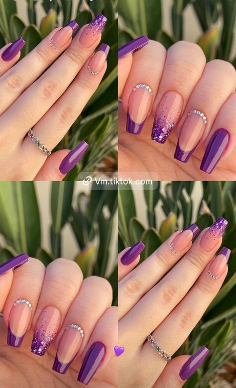 Purple Nail Designs Birthday, Dark Purple Homecoming Nails, Homecoming Nails Purple, Nail Designs Dark Purple, Purple Prom Nails Acrylics, Cute Purple Nail Designs, Purple Nails Square, Dark Purple French Tip Nails, Short Purple Nail Designs