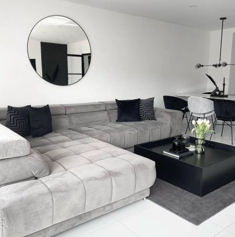 Home Decor Black And Grey, Black White And Grey Dining Room Ideas, Living Room Decor Gray, Apartment Living Room Design, Set Sofa, Black Living Room, Future Apartment Decor, Small Living Room Decor, Dream House Rooms