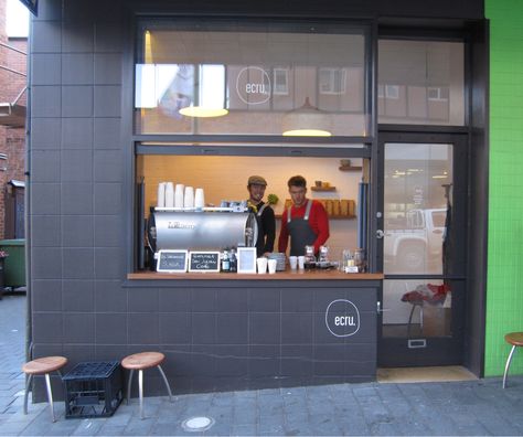 hole in the wall cafe Small Cafe Counter Display, Takeaway Window Design, Walk Up Coffee Window, Small Cafe Front Design, Coffee Window, Walk Up Cafe Window, Walk Up Window Cafe, Hole In Wall Coffee Shop, Hole In The Wall Cafe