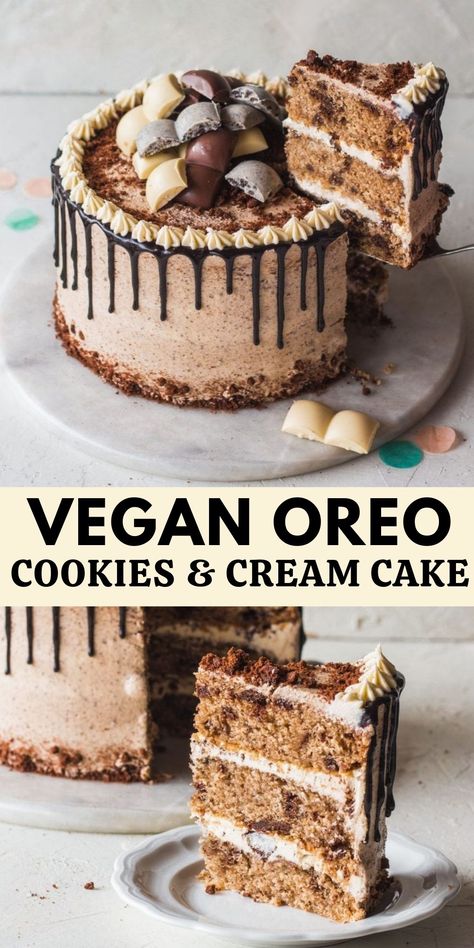 Vegan oreo cookies and cream cake! Layers of vanilla sponge packed with oreo chocolate cookies, covered in buttercream and chocolate ganache. via @rainbownourish Vegan Oreo Cake, Vegan Cookies And Cream, Oreo Buttercream, Vegan Birthday Cake, Cookies And Cream Cake, Vegan Baking Recipes, Vegan Cake Recipes, Vegan Bakery, Cake Layers