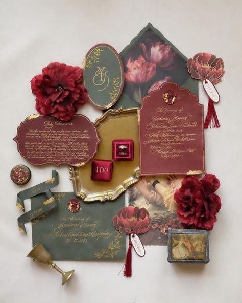 All posts • Instagram Dark Green Maroon Wedding, Gold Details Wedding, Moody Wedding Theme Ideas, Stationary Wedding Invitations, Moody Wedding Inspiration, Esoteric Wedding, Green And Red Wedding Theme, Dark Wedding Color Schemes, Shades Of Red Wedding