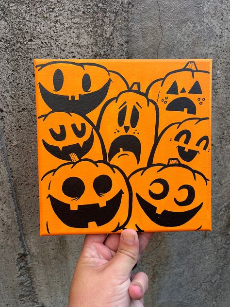 8x8 canvas with a pile o' pumpkins on it! Easy Halloween Canvas Art, Cute Canvas Paintings Vsco, Canvas Paintings Ideas, Pumpkin Painting Canvas, Cute Halloween Paintings On Canvas, Simple Fall Paintings, Halloween Paintings On Canvas Easy, Cute Halloween Paintings, Painting Ideas Easy Aesthetic