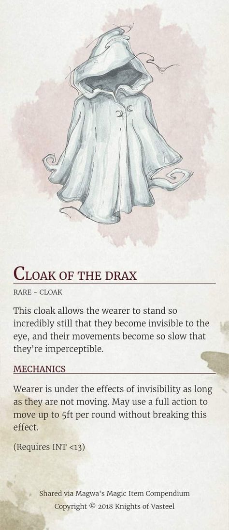 Cloak of Drax - Pathfinder Magic Items, Dnd Magic Items, Dnd Loot, Fantasy Costco, Homebrew Items, Magic Armor, Dnd Magic, Dnd Stats, Dnd Stories