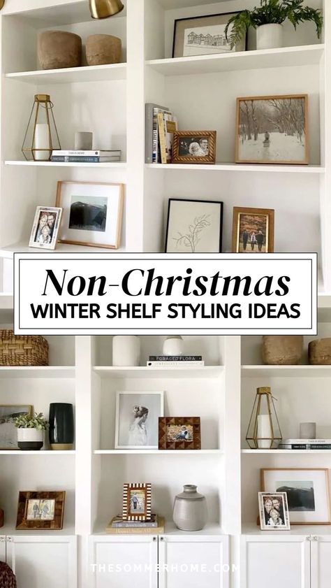 Embrace the beauty of winter with stunning Non Christmas Winter Decor Ideas for A Bookshelf. This guide provides valuable Home Decor Tips to help you achieve eye-catching Shelf Styling that highlights the season’s charm. Learn how to mix and match elements to create a cozy and inviting atmosphere perfect for curling up with a good book. Non Christmas Winter Decor, Shelf Styling Ideas, Christmas Winter Decor, Winter Decor Ideas, Bookshelf Home, Cozy Textiles, Winter Aesthetics, Shelf Decor Living Room, Home Decor Shelves