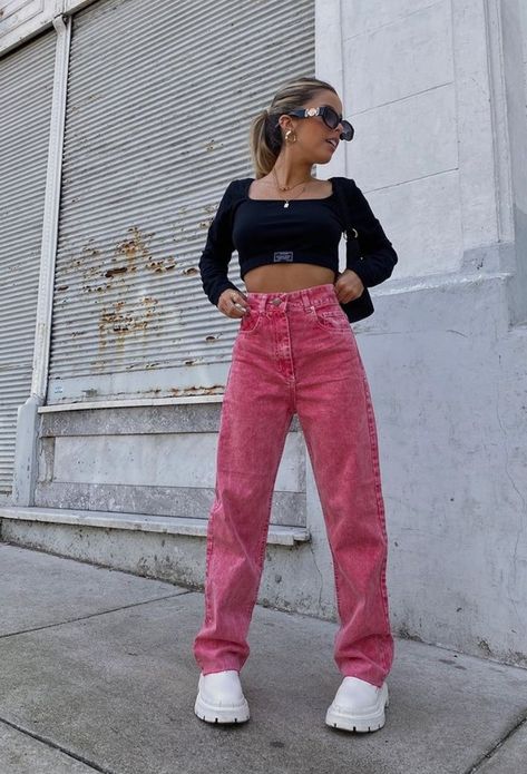 Pink Mom Jeans Outfit, Pink Mom Jeans, Mom Jeans Outfit, Jeans Outfit, Pink Outfits, Jean Outfits, Mom Jeans, Hairstyles, Collage