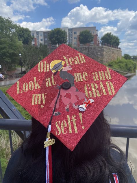 Graduation Cap Designs Red And Black, Red Grad Cap Ideas, Red Graduation Cap Designs, Red Graduation Cap, Cap And Diploma, Maroon Aesthetic, Graduation 2025, High School Graduation Cap, College Graduation Cap Decoration