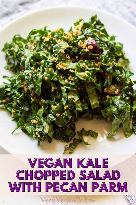 Lacinato (aka tuscan, dinosaur) kale is softened with the creamy lemon garlic dressing and topped with vegan pecan parmesan and dried cranberries. This chopped kale salad is plant-based, oil-free and a recipe you'll keep coming back to again and again. WFPB, gluten-free, soy-free, dairy-free. Kale Recipes Vegan, Lacinato Kale Recipe, Kale Chopped Salad, Chopped Kale Salad, Lemon Garlic Dressing, Vegan Bean Burger, Honey Mustard Salad Dressing, Dinosaur Kale, Chopped Kale