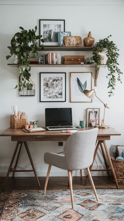 Brighten up your home office with light colors, natural light, and airy decor. Create a cheerful and inviting workspace that boosts your mood and productivity throughout the day. #homeofficeinspiration #homeinteriordesign #homeofficeideas #homeofficedecor #homedecor #chichomedecor #decoration #inspirationalofficedecor #homeofficelayout #cuteofficedecorforwork #homestaging #officeinteriors #nook #homeofficeinspiration Bohemian Home Office, Cozy Home Office, Casa Vintage, Cozy Room Decor, Style Deco, Home Office Setup, Home Office Space, Office Inspiration, Home Office Design