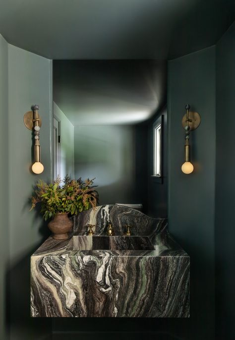 Green Marble Powder Room, Exposed Cement Wall, Terracotta Powder Room, Jewel Box Powder Room, Green Sink Bathroom, Moody Powder Room Ideas, 2023 Powder Room, Stone Sink Bathroom, Stone Vanity