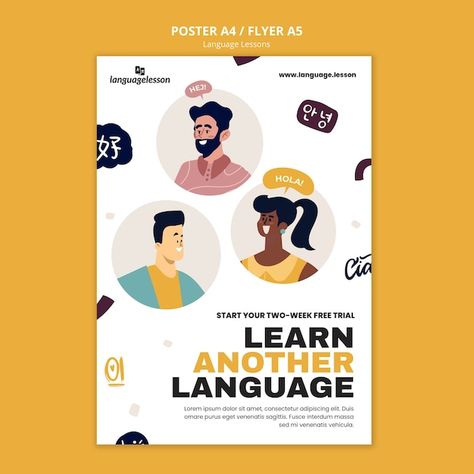 Free PSD flat design language learning t... | Free Psd #Freepik #freepsd #learning-poster #language-education #language-course #language-school Poster Ads Design Ideas, Language Course Poster Design, Language Book Cover Design, Poster Education Design, English Course Poster Design, Language Learning Template, Course Poster Design, Class Poster Design, Course Poster