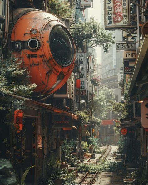 Overgrown future Overgrown Future City, Overgrown Cyberpunk City, Ecofuturism Aesthetic, Inner City Aesthetic, Overgrown Cyberpunk, Cyberpunk Cottagecore, Overgrown Steampunk, Cyberpunk Nature, Overgrown Aesthetic