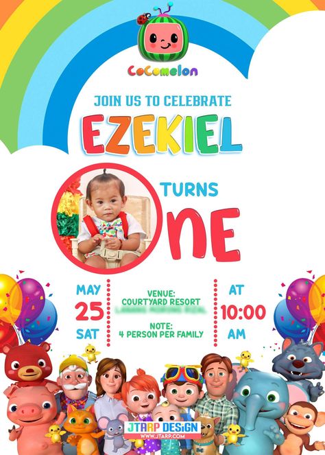 JTarp Design made this Ezekiel's 1st Birthday Cocomelon Invitation Design. You may select from a variety of Invitation designs. More templates, and Editable PSD Files just for you. Cocomelon Tarpaulin Template, Abc Kids Tv, Birthday Tarpaulin Design, Tarpaulin Design, Abc For Kids, Kids Tv, Event Organization, Our Kids, Kids Design