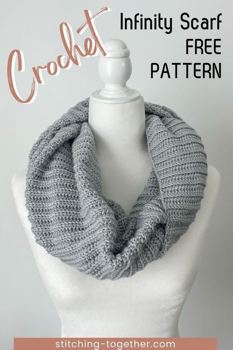 woman wearing a ribbed crochet infinity scarf with text overlay reading "Crochet Infinity Scarf Free Pattern" Infinity Scarf Free Pattern, Crochet Infinity Scarf Free Pattern, Scarf Free Pattern, Infinity Scarf Crochet, Crochet Infinity Scarf Pattern, Ribbed Crochet, Infinity Scarf Pattern, Crochet Pattern Instructions, Crochet Heart Pattern