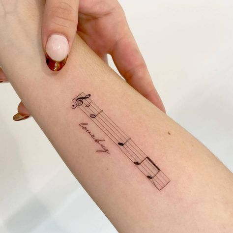 Staff Tattoo, Music Staff Tattoo, Music Notes Tattoo, Music Note Tattoo, Camera Tattoo, Guitar Tattoo, Music Tattoo Designs, Inner Forearm, Note Tattoo