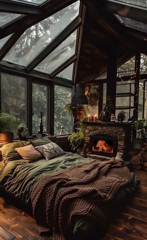 Rainy Forest House Aesthetic, Dark Cabin Bedroom, Dark Cottagecore House Interior, Cabin Bedroom Aesthetic, Forest House Aesthetic, Cozy Room Decor, Bedroom Refresh, Dream Room Inspiration, Dream House Interior