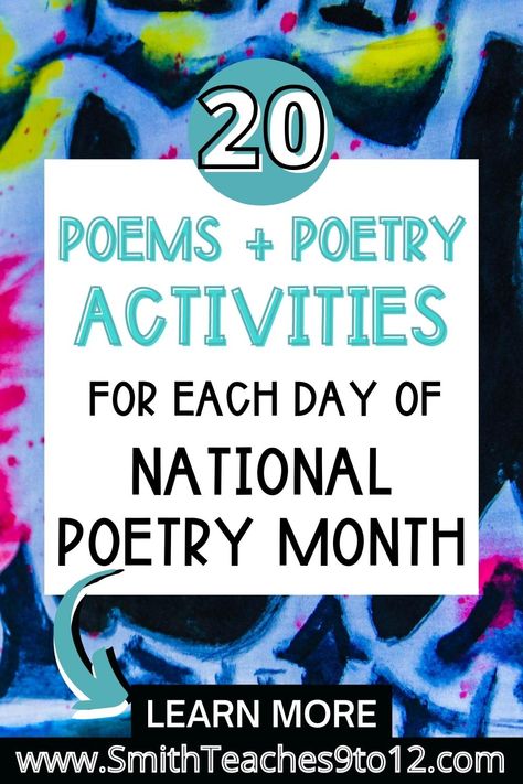 Poetry Ideas for Each Day of National Poetry Month in 2023 - SmithTeaches9to12 National Poetry Day, Found Poem, Vocab Activities, Character Activities, Poetry Day, Forms Of Poetry, Poetry Activities, Memoir Writing, National Poetry Month