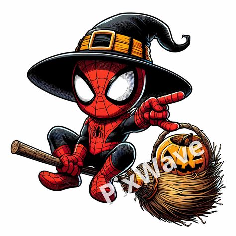 Get into the Halloween spirit with our charming digital artwork featuring a playful Spider-Hero dressed in a witch's hat, flying on a broomstick alongside a carved pumpkin lantern! 🎃 Perfect for prints, t-shirts, posters, stickers, and party decorations, this image captures a whimsical blend of superhero action and spooky fun. Whether you're planning a Halloween-themed event or adding unique superhero magic to your crafts, this cute yet mischievous Spider-Hero design will definitely stand out! Superheroes Halloween, Spiderman Clip Art, Spiderman Halloween, Spiderman Svg Cricut, Spiderman Transparent, Halloween Spider-man Pfp, Halloween Spiderman Coloring Page, Spiderman Images, Baby Spiderman