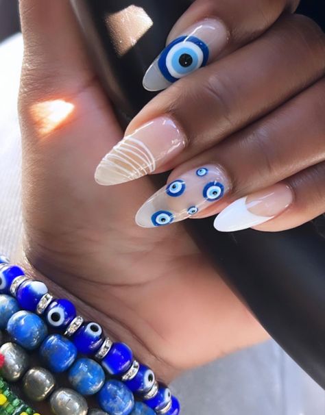 Evil Eye Almond Nails Designs, Good Energy Nails, Blue Eye Nail Art, Nails For Portugal Trip, Colorful Evil Eye Nails, Greek Eye Nail Art, Turkey Eye Nails, Greek Eye Nails, Turkish Nails