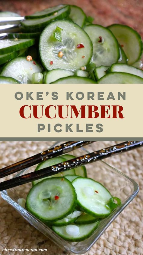 Oke’s Korean Cucumber Pickles are a standard Korean side dish, often served with Korean bbq as part of the banchan dishes. Korean Cucumber Pickle Recipes, Pickled Korean Cucumbers, Korean Cucumber Pickle, Korean Side Dishes Vegetables, Korean Cucumbers, Korean Pickles Recipe, Korean Pickled Cucumber, Korean Bbq Side Dishes, Bbq Ribs Sides