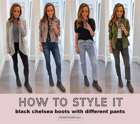 4 Ways to Wear the Black Chelsea Boots from the #NSale - Merrick's Art Chelsea Rain Boots Outfit, How To Wear Chelsea Boots Women, Styling Chelsea Boots Women, Chelsea Boots Outfit Women, Black Chelsea Boots Women, Brown Chelsea Boots Outfit, Chelsea Boots With Jeans, Black Chelsea Boots Outfit, How To Style Chelsea Boots