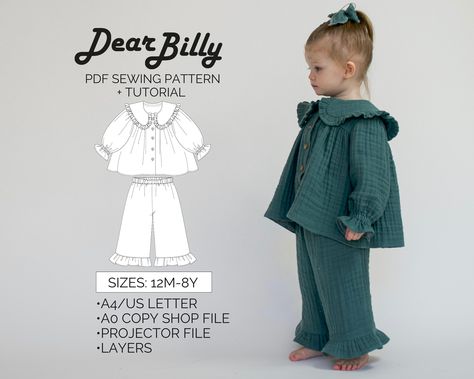 "This is a girls blouse and pants set bundle with a round ruffle collar and ruffled pants PDF Sewing Pattern (instant download) with Instructions. \"The Royal Set\" bundle pattern by DearBillyPatterns. This is a PDF Sewing Pattern (instant download) in sizes 12M-2Y-3Y-4Y-5Y-6Y-7Y-8Y. All sizes are included in your purchase. This is an intermediate skill level sewing pattern that requires prior sewing experience. If you have any questions while sewing-feel free to email us, we'll be more than hap Girls Pdf Sewing Patterns, Blouse And Pants, Pajama Lounge, Costura Diy, Couture Mode, Sewing Patterns For Kids, Diy Sewing Clothes, Clothes Sewing Patterns, Sewing Pattern Sizes