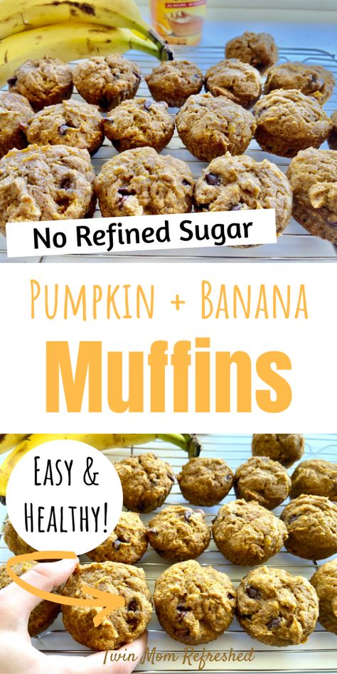 Pumpkin Banana Muffins - Twin Mom Refreshed Banana Pumpkin Muffins, Muffin Pumpkin, Pumpkin Smoothie Recipe, Pumpkin Banana Muffins, Canned Pumpkin Recipes, Toddler Meal Ideas, Baby Muffins, Banana Muffins Easy, Pumpkin Muffins Easy