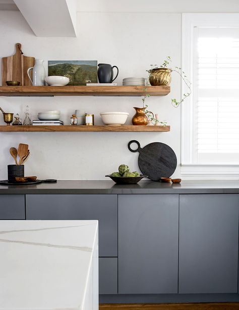 These solutions help those facing a tight kitchen space from becoming disorganized and chaotic. Try applying these tips and tricks for small kitchens to your space, and learn more tips from Martha herself. Scandinavian Room, Coin Café, Small Kitchen Storage, Coffee Nook, Home Coffee Bar, Coffee Bar Home, Kitchen Design Trends, Grey Kitchen Cabinets, Grey Kitchen