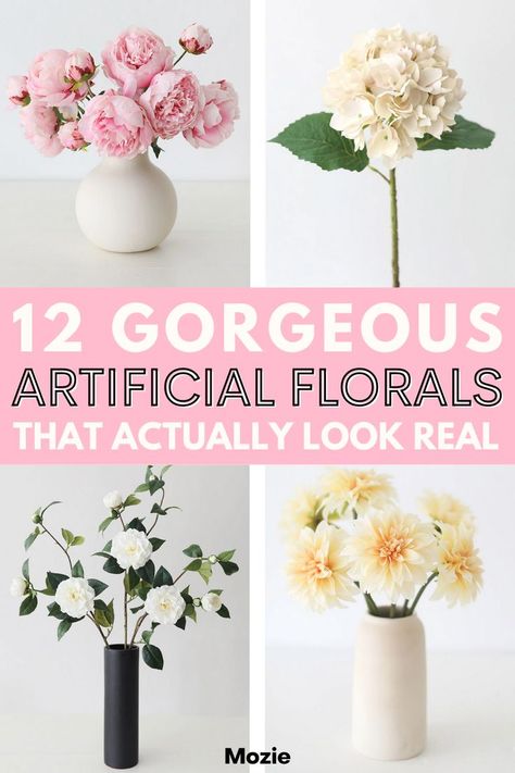 12 gorgeous fake flowers that actually look real! Faux Flower Arrangements Bathroom, Faux Flowers Bedroom Decor, Fake Flower Arrangements For Home, Fake Floral Arrangements, Fake Flower Arrangements Diy, Flowers Bedroom Decor, Real Apartment, Flower Arranging Class, Fake Flowers Decor