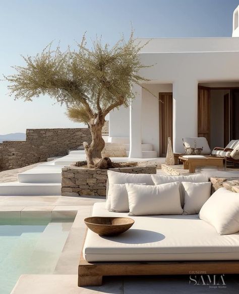 Patio 2023, House In Greece, Mediterranean Pool, Ibiza Beach, Mediterranean Decor, Beach House Interior, Garden Markers, Mediterranean Homes, Beach Cottage