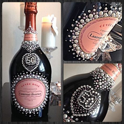 Laurent Perrier Rose with pearls, light rose and clear crystals for a 50th birthday celebration Rhinestone Wine Bottle, Rhinestone Champagne Bottle, Bedazzled Alcohol Bottle, Pearl Champagne Bottle, Decorated Champagne Bottles, Champagne Bottle Decoration, Alcohol Bottle Decorations, Glitter Champagne Bottles, Bedazzled Liquor Bottles