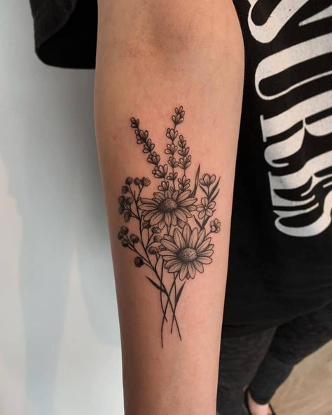 Four Arm Flower Tattoos For Women, Womens Tattoo Ideas Arm, Arm Tattoos For Women Medium Size, Flowers Around Tattoo, Top Forearm Tattoo Women Simple, Best Womens Tattoos, Flower Bouquet Tattoo Placement Ideas, Flower And Quote Tattoo Forearm, Flower Tattoos Arm Forearm