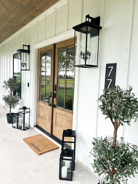 4.5' Olive Double Topiary Silk Tree curated on LTK Black Farmhouse Exterior Lights, Modern Farmhouse Exterior Lights, Black Front Porch Ideas, Farmhouse Porch Lights, Front Porch Lighting Fixtures, Coastal Farmhouse Exterior, Farmhouse Outdoor Lighting, Porch Lanterns, Modern Farmhouse Porch