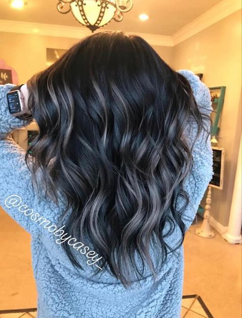 Dark Hair Color Ideas With Highlights Balayage, Super Dark Hair With Highlights, Black Grey Balayage Hair, Black Hair Color With Dimension, Dark Hair Color Ideas Red Tint, Black Hair With Icy Highlights, Frosty Brunette Hair Balayage, Trendy Hair Dye Ideas For Black Hair, Edgy Dark Hair Color Ideas