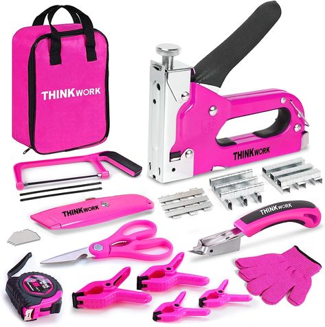 Pink Staple Gun Tool Set,25 Piece Lady‘s Home Tool Kit with 3-in-1 Upholstery Staple Gun, Staple Remover, Women Stapler Gun Kit for DIY.. Pink Tool Set, Pink Tools, Staple Remover, Christmas Gift For Women, Kit Christmas, Pink Collar, Home Tools, Pink Collars, Power Tool