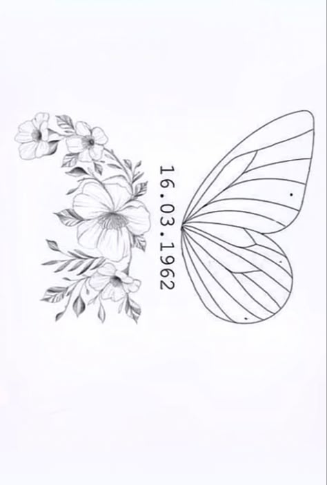 Butterfly with birthday tattoo idea Butterfly Tattoo For Daughter, Half Butterfly Half Angel Wing Tattoo, Tiny Name Tattoo, Flower Butterfly Tattoo, Rip Tattoos For Mom, Butterfly With Flowers, Butterfly Name Tattoo, Baby Tattoo Designs, Baby Name Tattoos