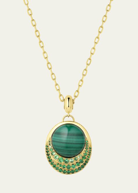 "Find Jennifer DeMoro 18k Gold Color Wave Malachite Pendant Necklace on Editorialist. Jennifer DeMoro necklace from the Color Wave Collection Approx. 18-20\"L 18-karat yellow gold Cabochon malachite and tsavorite pavé 19.23 total carat weight Adjustable length Lobster clasp Imported" Versace Ring, Cult Gaia Bag, Malachite Necklace, Malachite Pendant, 18k Gold Necklace, Color Wave, Clover Necklace, Diamond Pendant Necklace, Gold Pendant Necklace