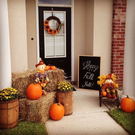 Happy Fall Y'all • Fall Front Porch Decor • Hay Bales, Pumpkins, Mums, Scarecrows, & Sunflower Wreath • Fall Front Porch Decor Hay Bales, Hay Bales And Pumpkins, Fall Yard Decor, Reptile Habitat, Fall Front Porch Decor, Fall Thanksgiving Decor, Autumn Decorating, Hay Bales, Fall Decoration