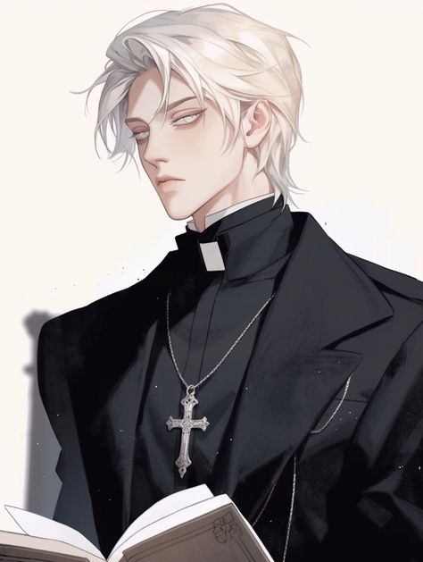 Man With White Hair Art, Priest Drawing Reference, White Haired Man Art, Pretty Anime Guy, Priest Character Design Male, White Hair Guy Art, Black And White Hair Character Design, Anime Men Art, Handsome Anime Guys Art