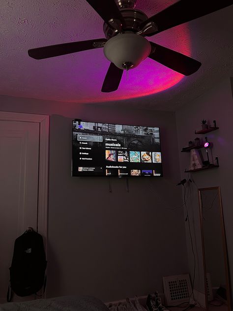 room aesthetic music decor decoration tv mounted ceiling fan spotify dark clean Room Aesthetic Music, Tv Aesthetic, Bedroom Inspiration Cozy, Tv Mounted, Aesthetic Music, Music Decor, A Tv, Tv Room, Room Aesthetic