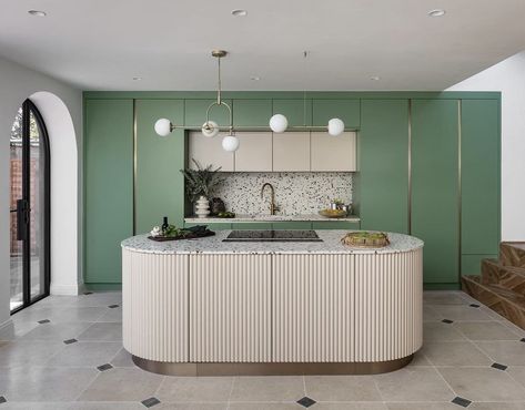 Above The Kitchen Sink, Curved Kitchen Island, Midcentury Kitchen, Curved Kitchen, 1930s House, Arched Doors, Kitchen Extension, Bespoke Kitchens, House Extensions