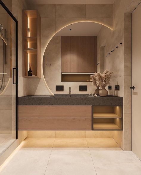 This shot is really awesome 👍 
IG 👉 matt.interior Bathroom Led, Washbasin Design, Light Mirror, Washroom Design, Circle Mirror, Mirror Large, Vanity Design, Wooden Bathroom, Bathroom Design Decor