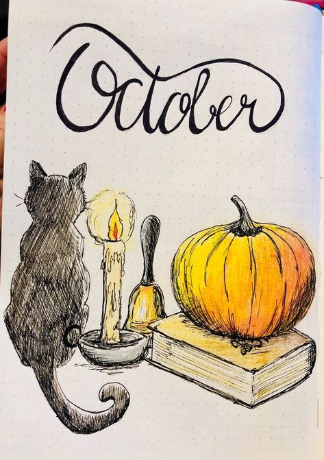 Cute October Drawings, October Journal Cover, October Bujo Theme, Journaling October, October Bujo Cover, September Drawings, October Journal Ideas, October Drawings, October Doodles