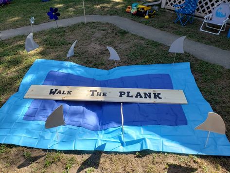 Walk the plank Pirate Theme Obstacle Course, Shark Birthday Party Games, Pirate Hook Game, Pirate Book Fair, Pirate Literacy Night, Walk The Plank Pirate Party, Walk The Plank, Pirate Activities, Walking The Plank