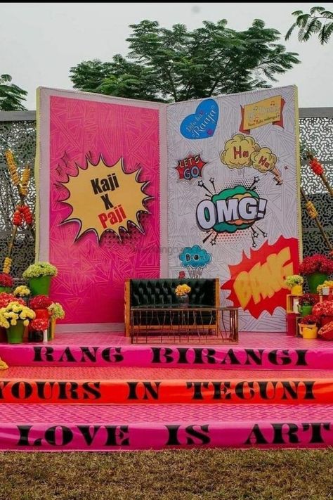 Photobooth Decoration Ideas, Carnival Wedding Theme, Stall Decorations, Pop Art Party, Creative Booths, Mehendi Function, Photobooth Ideas, Event Entrance, Mehendi Ceremony