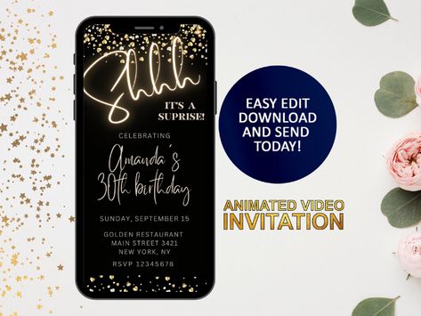 Shh it's a surprise text invitation, surprise birthday e-invite, Navy Gold 30th BIRTHDAY Electronic Invitation, Animated video invitation Gold 30th Birthday, Surprise 50th, E Invite, Video Invitation, Facebook Event, Event Page, Electronic Invitations, Navy Gold, Birthday Surprise