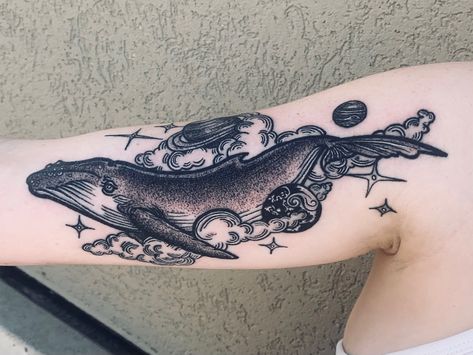 Space Whale Tattoo, Cat Tats, Pointillism Tattoo, Lower Leg Tattoos, Space Whale, Whale Tattoo, Tattoo Concepts, Whale Tattoos, Dotwork Tattoo