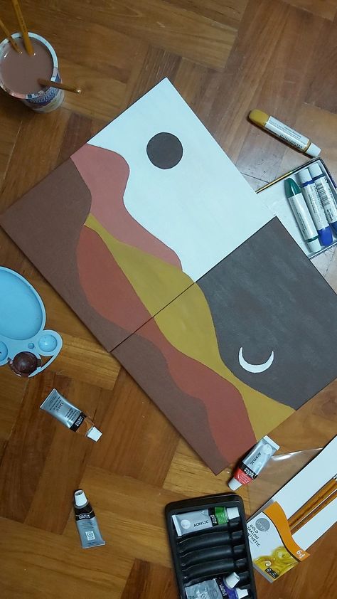 Easy Earthy Paintings, Picnic Painting Ideas, Moon And Sun Painting, Cute Easy Paintings, Sun Painting, Boho Painting, Warm And Cool Colors, Simple Canvas Paintings, Paint Matching