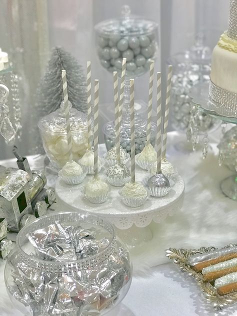 White Sweets Table, Housewarming Christmas Party, Diamond Birthday, Birthday Sweets, Sweets Table, Silver Birthday, Silver Party, Christmas Sweets, 17th Birthday