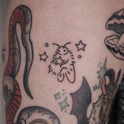 Weird Tattoo Design, Astrology Themed Tattoos, Hip Stick N Poke, Hellbender Tattoo, 4 Person Tattoo Ideas, Chaotic Tattoo Ideas, Small Silly Tattoos Fun, Cavetown Inspired Tattoos, Roly Poly Tattoo