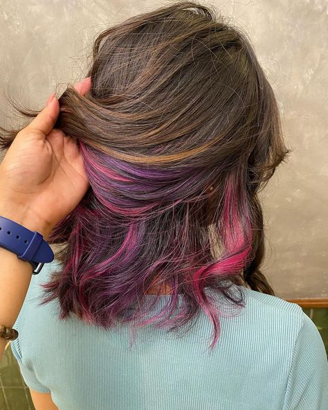 Hair With Colorful Highlights, Colored Hair Tips Purple, Dyed Ends Short Hair, Underlayer Hair Color Pink, Peekaboo Hair Highlights, Light Brown Peekaboo Hair, Halo Hair Dye Style Blonde, Hair Color Underneath Short Hair, Short Hair With Brown Highlights